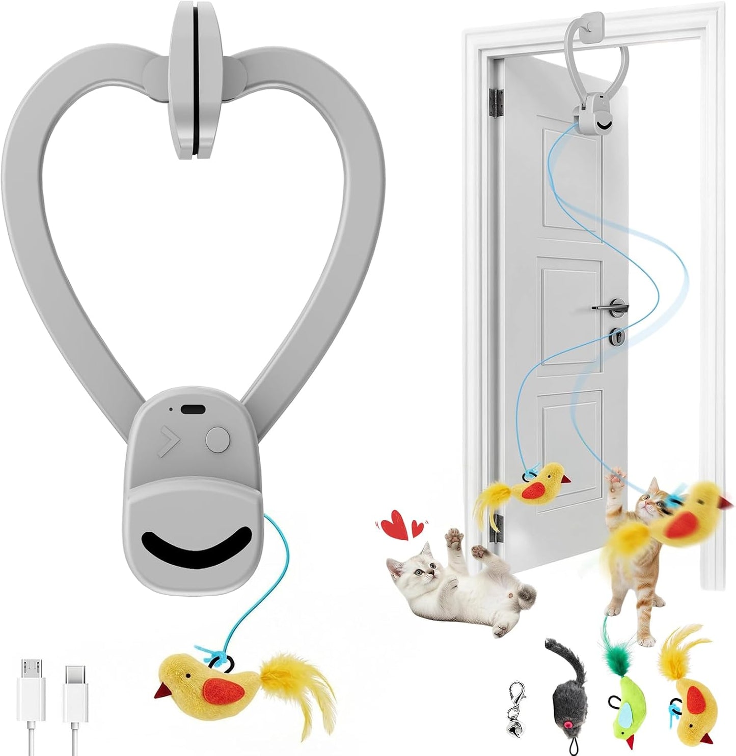 Zickiyo Pets Interactive Hanging Cat Toy - Automatic Flying Bird & Mouse Doorway Toy, USB Rechargeable Electric Kitten Toy