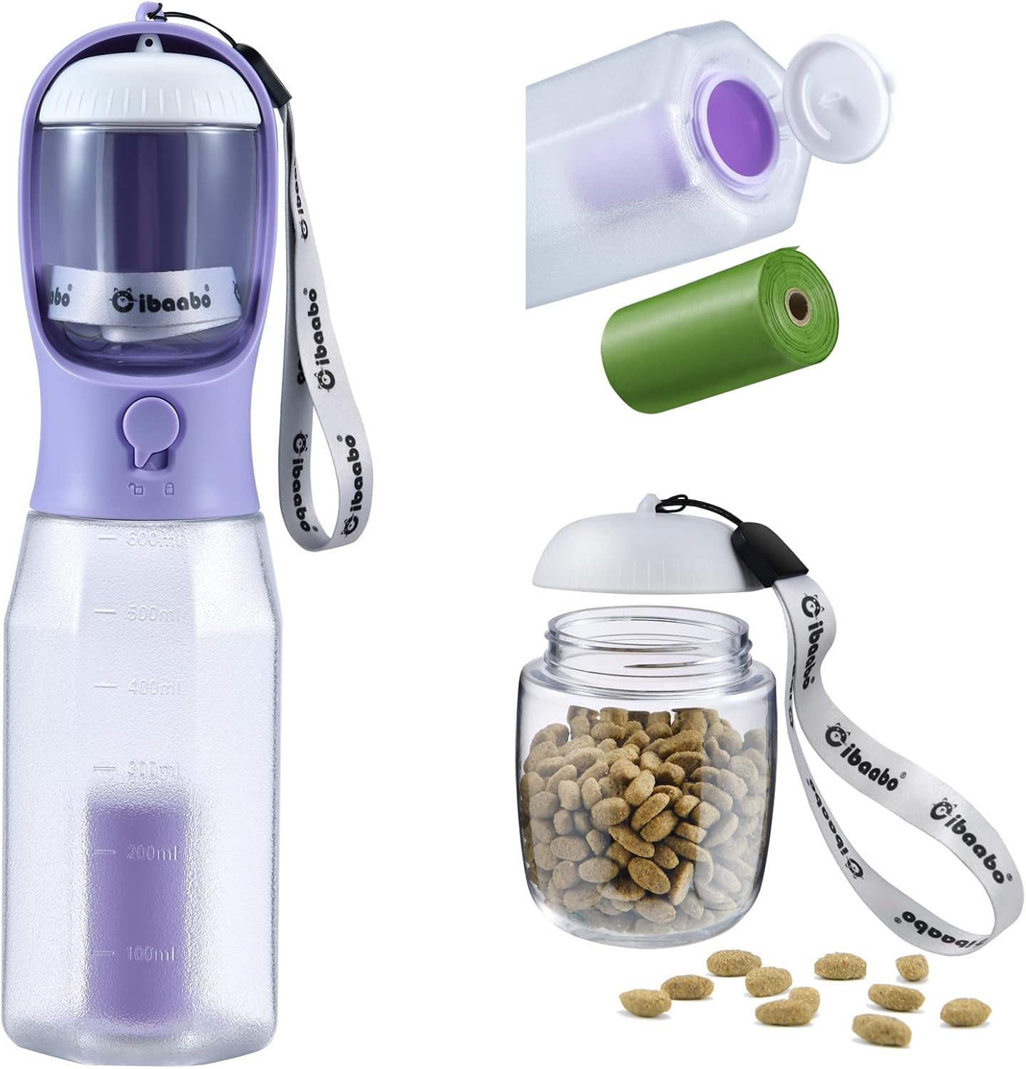 Dog Water Bottle with Food Container & Poop Bag Holder & Filter | Travel Water Bowl, Portable Pet Dispenser, Dog Gifts, Puppy Essentials for Walking Hiking