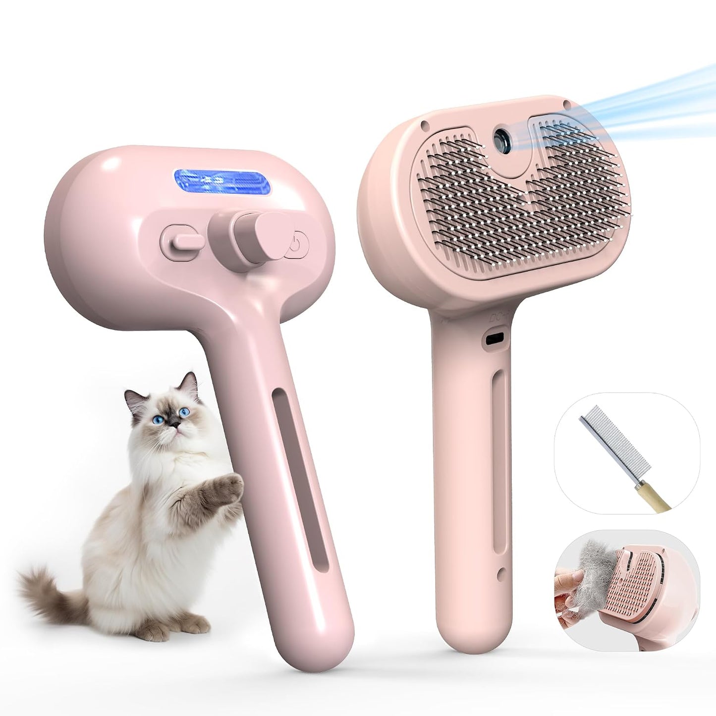 Pet Grooming Brush with Electronic Mist Spray - Gentle Deshedding Tool for Cats & Dogs, Pet Steam Brush,Reduces Shedding, Soft Bristles, Promotes Healthy Coat-Comes with a Hair Smoothing Comb-White