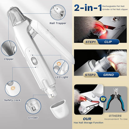 Zickiyo Pets - 2-In-1 Dog & Cat Nail Clipper with Grinder - Dual Highlight LED Reduce Over-Trimming, Long Battery Cordless USB-C Rechargeable, Safety Lock & Catcher Cap, Quiet Home Grooming for Small Large Pets