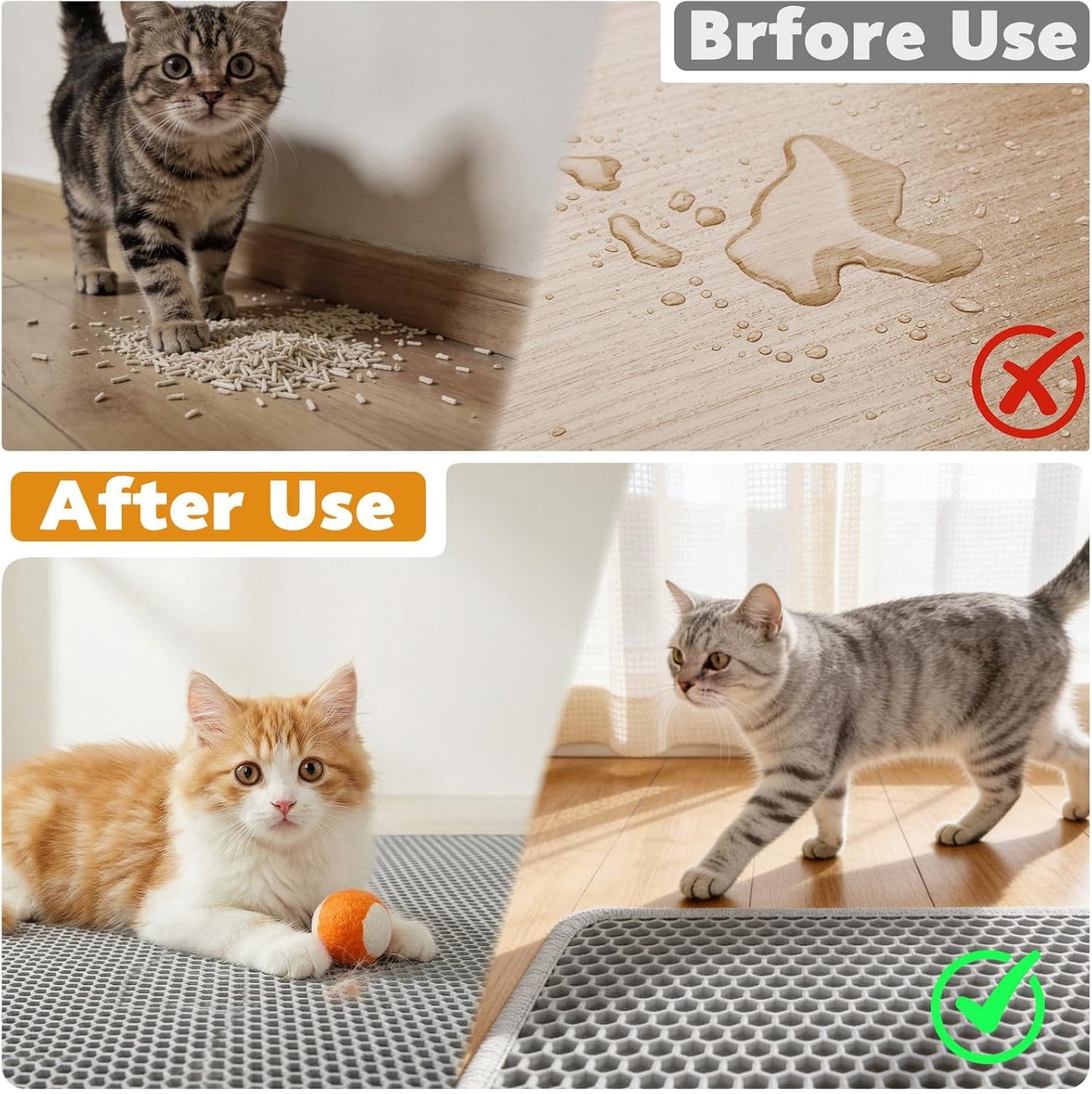 Cat Litter Mat 24"X15", Double Layer Waterproof Litterbox Mat, Gray | Non-Slip Backing, Washable for Easy Cleanup, Traps Stray Litter with Waterproof Honeycomb Large Grid That Is Urine-Proof.