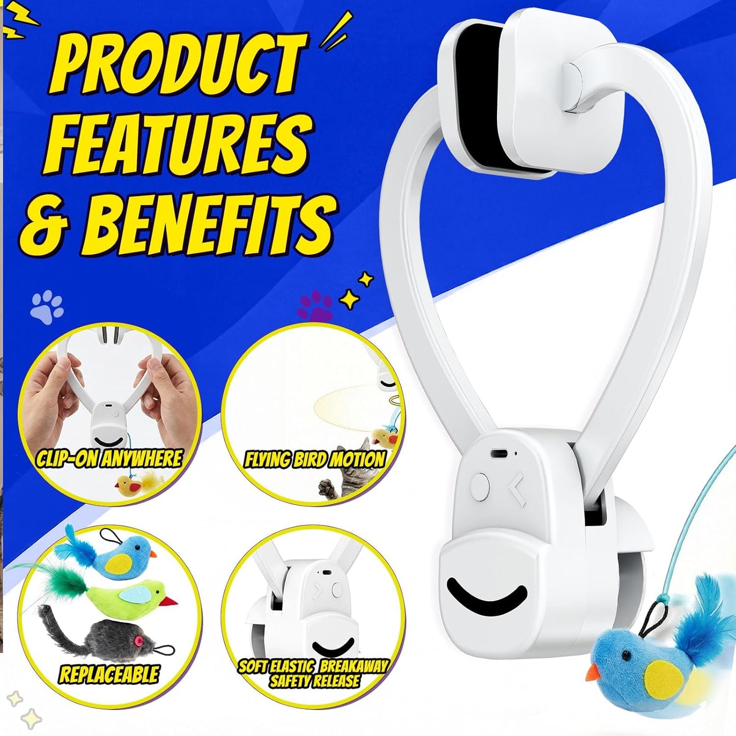 Zickiyo Pets Interactive Hanging Cat Toy - Automatic Flying Bird & Mouse Doorway Toy, USB Rechargeable Electric Kitten Toy