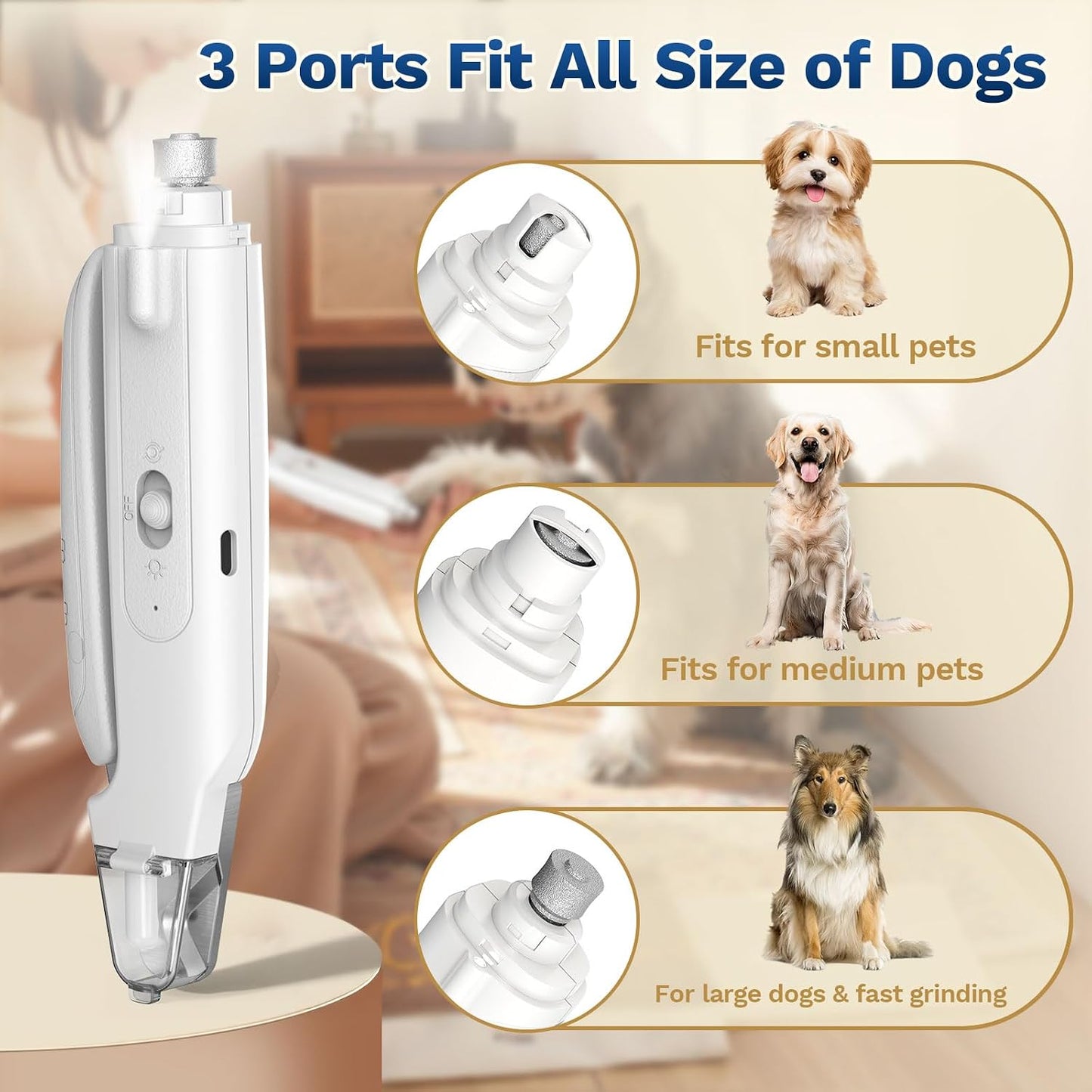 Zickiyo Pets - 2-In-1 Dog & Cat Nail Clipper with Grinder - Dual Highlight LED Reduce Over-Trimming, Long Battery Cordless USB-C Rechargeable, Safety Lock & Catcher Cap, Quiet Home Grooming for Small Large Pets
