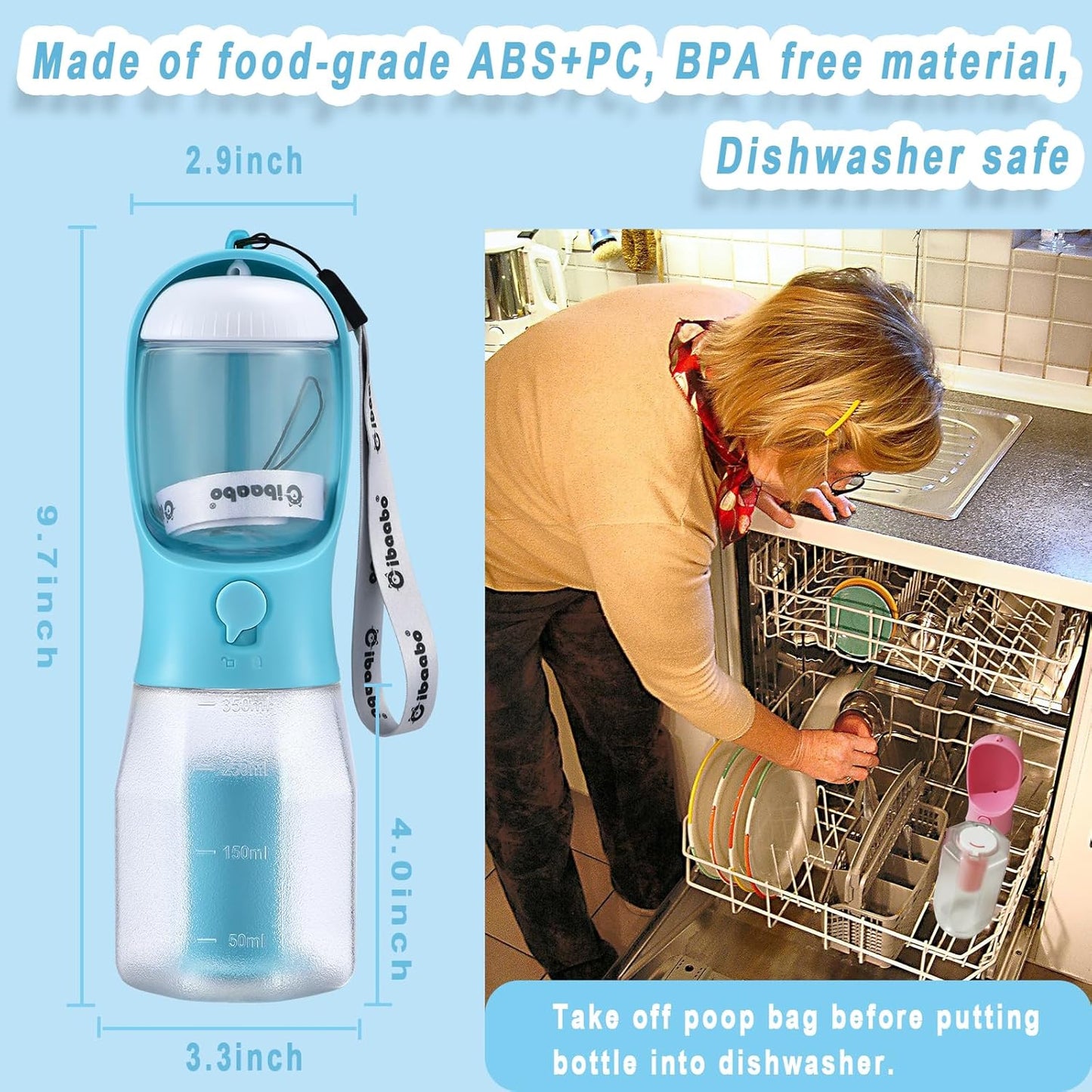 Dog Water Bottle with Food Container & Poop Bag Holder & Filter | Travel Water Bowl, Portable Pet Dispenser, Dog Gifts, Puppy Essentials for Walking Hiking