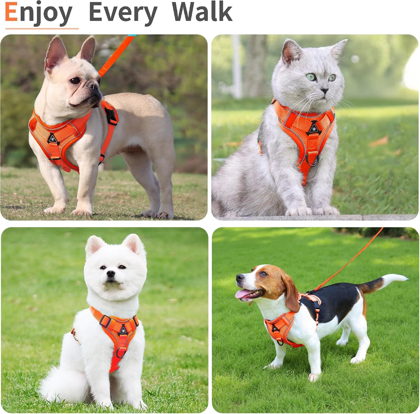 No Pull Dog Harness with Leash Set for Small Sized Dog, Reflective Adjustable No Choke Front Clip Cat Vest Harness with Breathable Mesh, Comfortable Soft Padded Pet Vest, Orange L