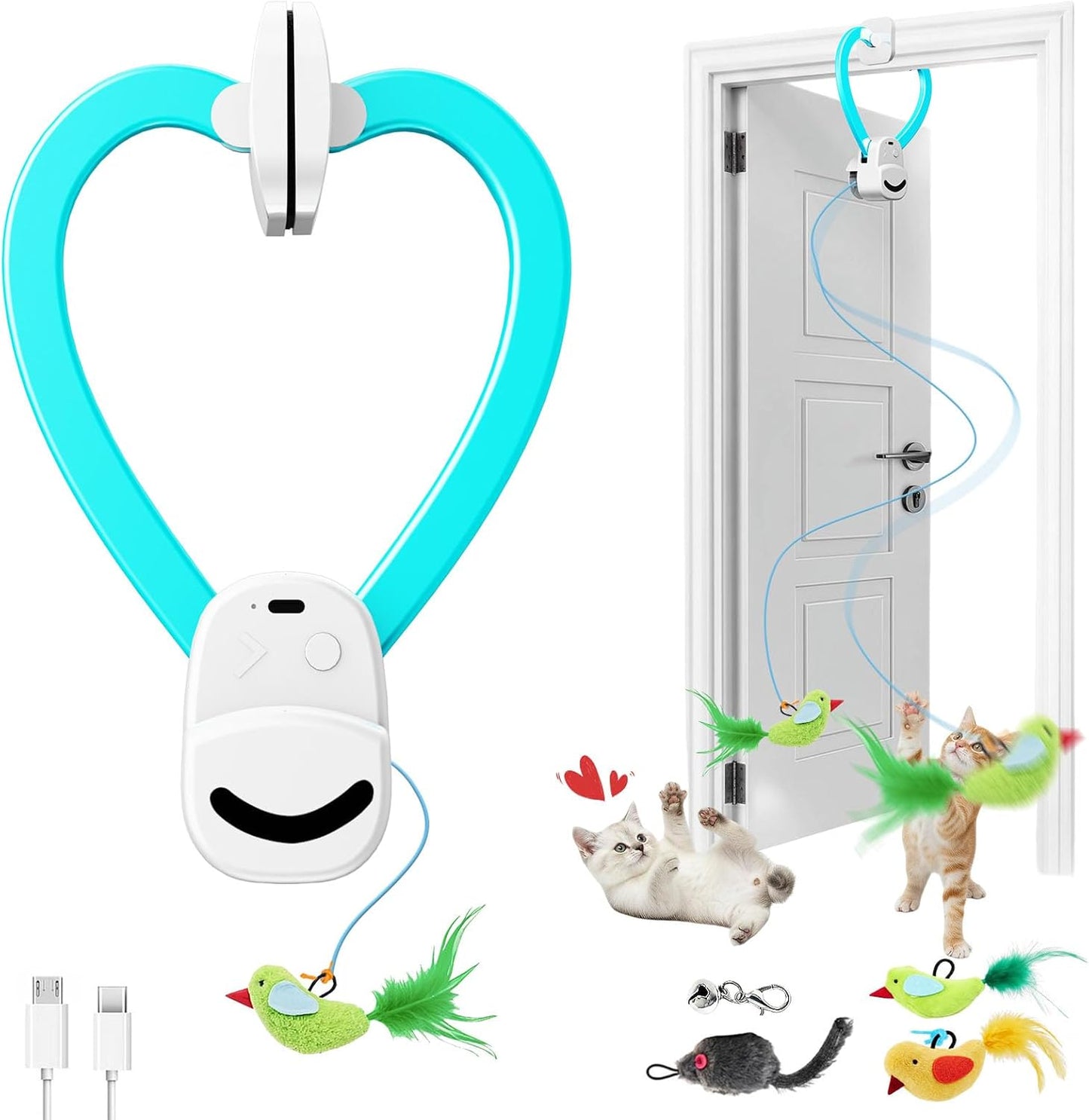 Zickiyo Pets Interactive Hanging Cat Toy - Automatic Flying Bird & Mouse Doorway Toy, USB Rechargeable Electric Kitten Toy