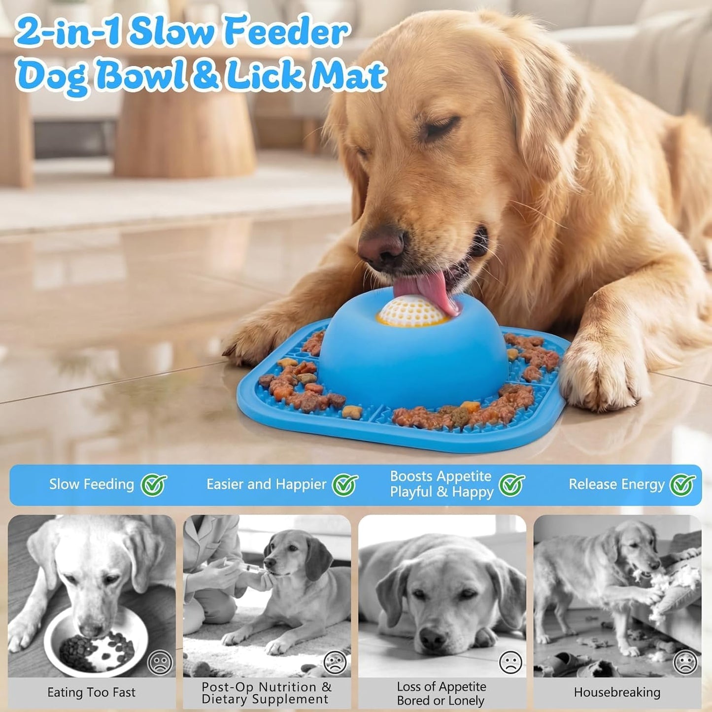 Zickiyo Pets - Slow Feeder Dog Bowls & Lick Mat for Liquid and Thick Treat, Anti-Slip Dog Lick Bowl with Interactive Rolling Ball, 5/6 Cup Pup Licking Toy for Large Medium Small Dogs and Cats Blue