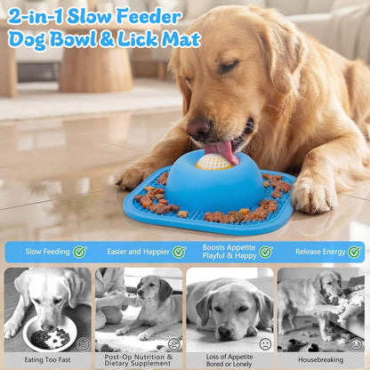 Zickiyo Pets - Slow Feeder Dog Bowls & Lick Mat for Liquid and Thick Treat, Anti-Slip Dog Lick Bowl with Interactive Rolling Ball, 5/6 Cup Pup Licking Toy for Large Medium Small Dogs and Cats Blue