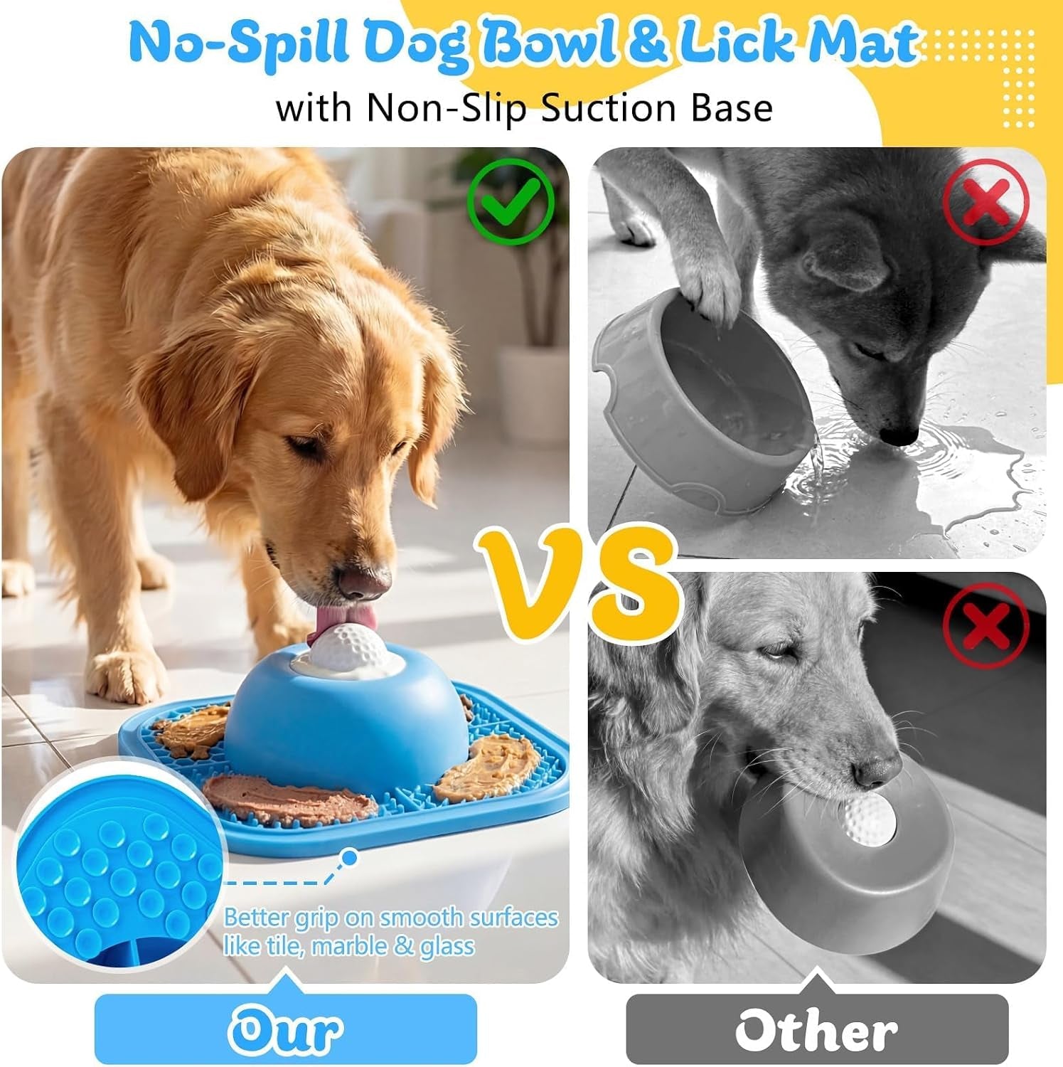Zickiyo Pets - Slow Feeder Dog Bowls & Lick Mat for Liquid and Thick Treat, Anti-Slip Dog Lick Bowl with Interactive Rolling Ball, 5/6 Cup Pup Licking Toy for Large Medium Small Dogs and Cats Blue