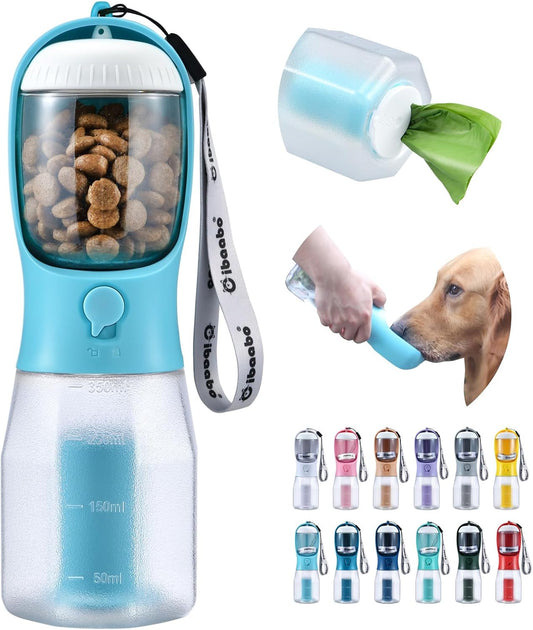 Dog Water Bottle with Food Container & Poop Bag Holder & Filter | Travel Water Bowl, Portable Pet Dispenser, Dog Gifts, Puppy Essentials for Walking Hiking