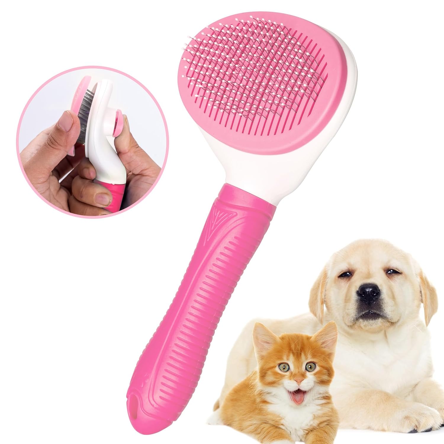 Self Cleaning Slicker Brush, Skin Friendly Deshedding Grooming Tool for Dogs, Cats & Bunny, One-Click Release Removes Loose Undercoat, Mats & Tangles, for Long & Short Hair Shedding Pets