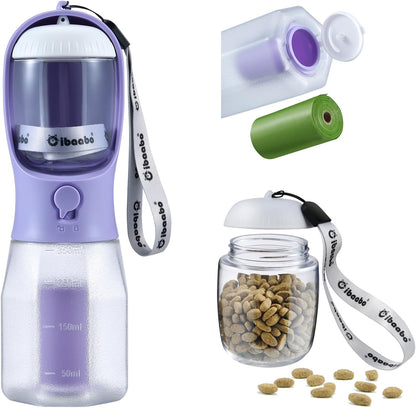 Dog Water Bottle with Food Container & Poop Bag Holder & Filter | Travel Water Bowl, Portable Pet Dispenser, Dog Gifts, Puppy Essentials for Walking Hiking