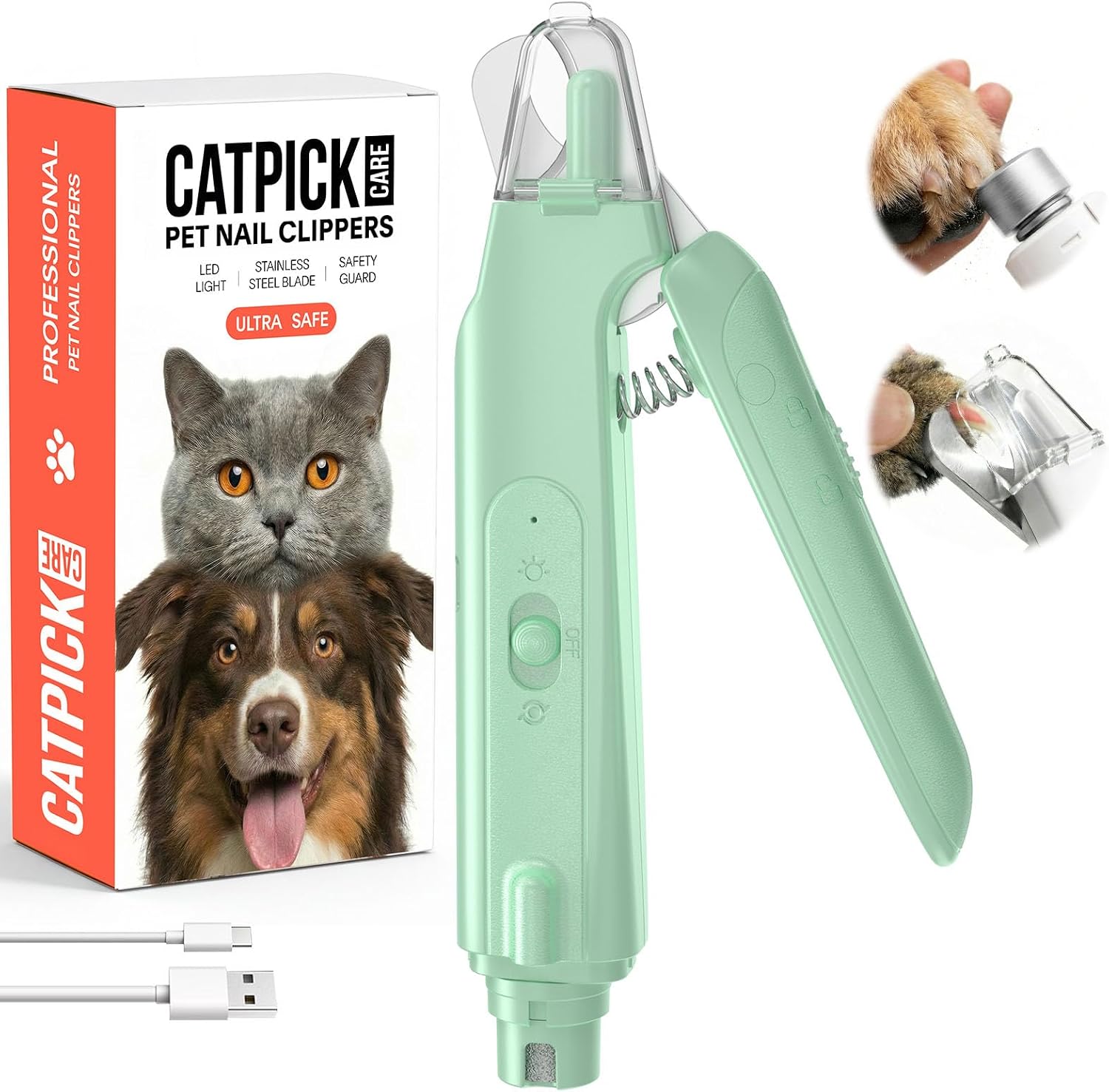 Zickiyo Pets - 2-In-1 Dog & Cat Nail Clipper with Grinder - Dual Highlight LED Reduce Over-Trimming, Long Battery Cordless USB-C Rechargeable, Safety Lock & Catcher Cap, Quiet Home Grooming for Small Large Pets