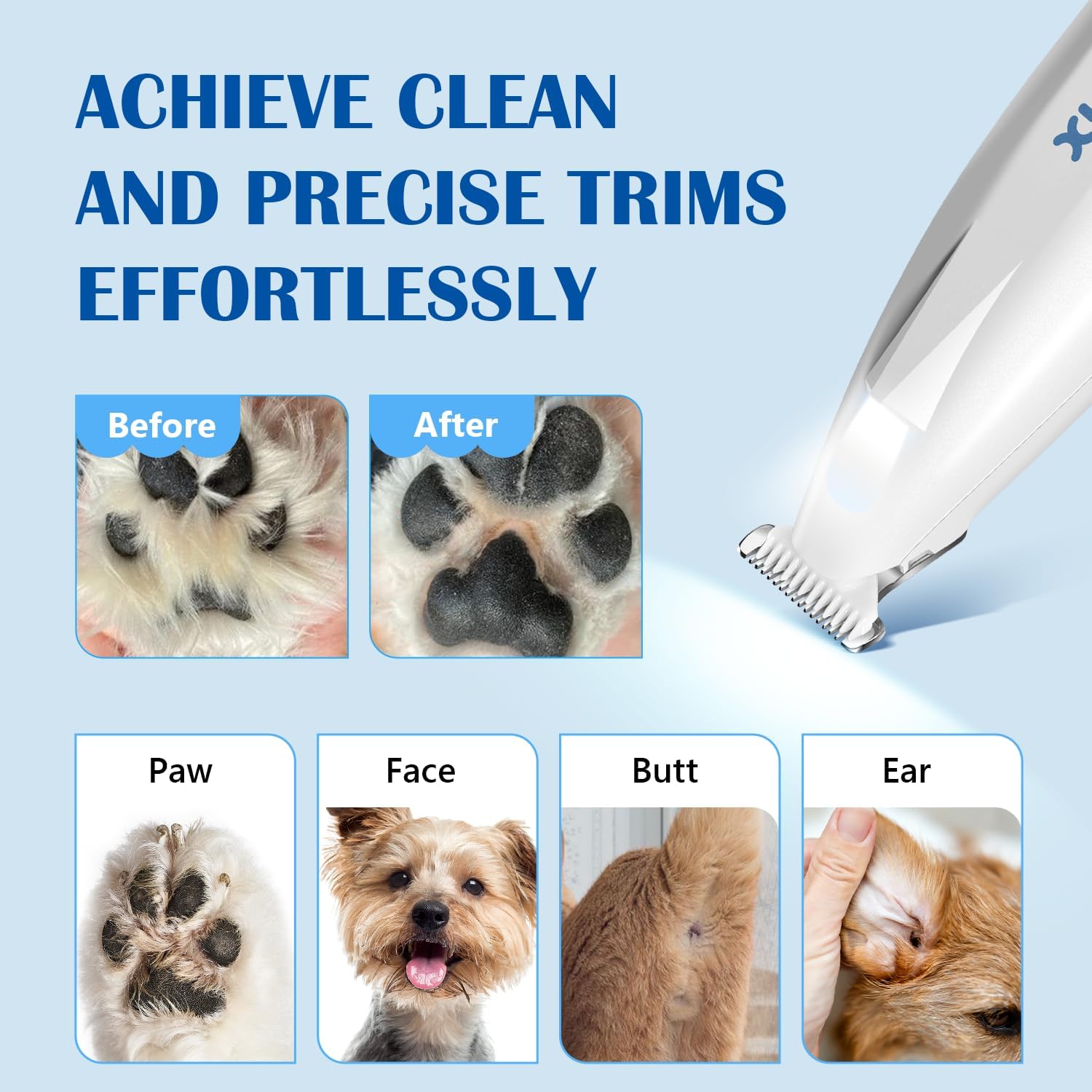 Dog Paw Trimmer with LED Light, Low Noise Paw Trimmer for Dogs, Type-C Rechargeable Pet Grooming Kit Dog Grooming Clippers for Paws, Eyes, Ears, Face, Rump, 18 Mm Widen Blade