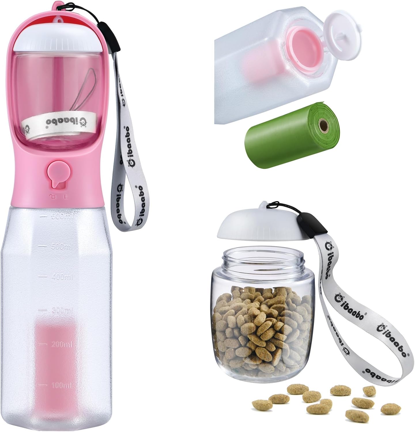 Dog Water Bottle with Food Container & Poop Bag Holder & Filter | Travel Water Bowl, Portable Pet Dispenser, Dog Gifts, Puppy Essentials for Walking Hiking