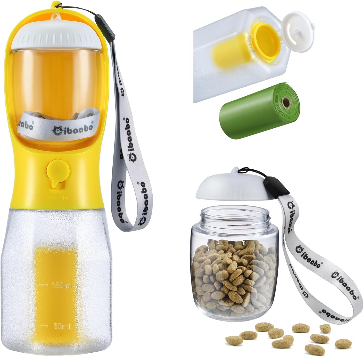 Dog Water Bottle with Food Container & Poop Bag Holder & Filter | Travel Water Bowl, Portable Pet Dispenser, Dog Gifts, Puppy Essentials for Walking Hiking