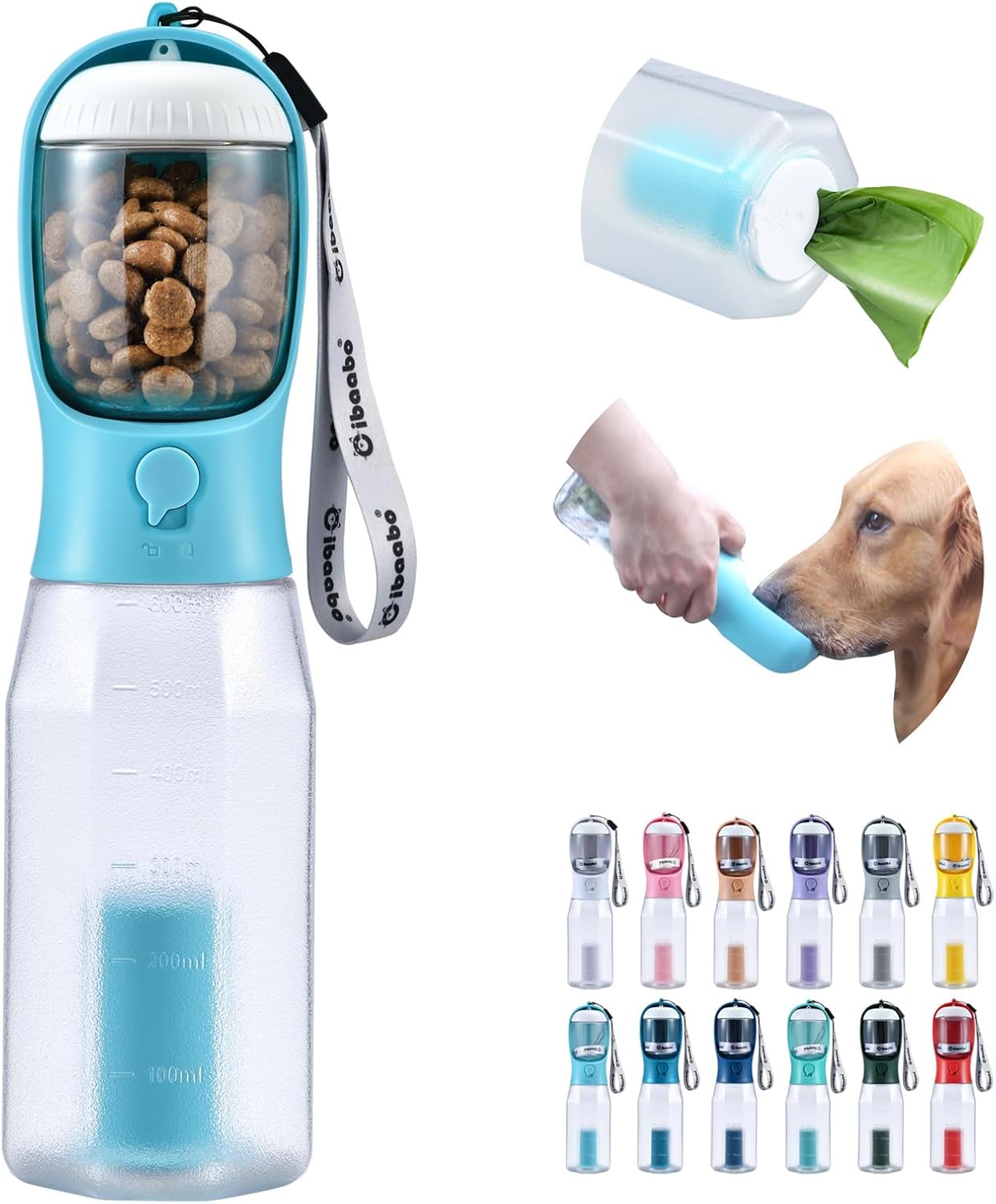 Dog Water Bottle with Food Container & Poop Bag Holder & Filter | Travel Water Bowl, Portable Pet Dispenser, Dog Gifts, Puppy Essentials for Walking Hiking