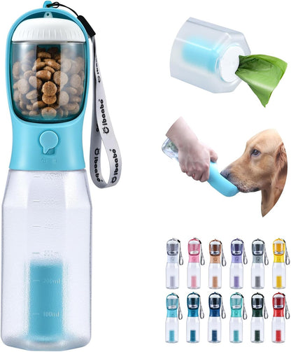 Dog Water Bottle with Food Container & Poop Bag Holder & Filter | Travel Water Bowl, Portable Pet Dispenser, Dog Gifts, Puppy Essentials for Walking Hiking