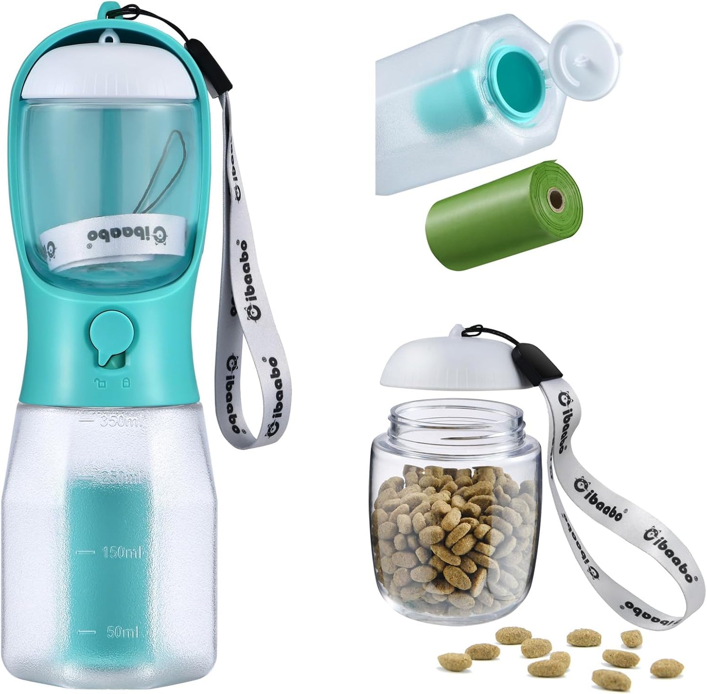 Dog Water Bottle with Food Container & Poop Bag Holder & Filter | Travel Water Bowl, Portable Pet Dispenser, Dog Gifts, Puppy Essentials for Walking Hiking