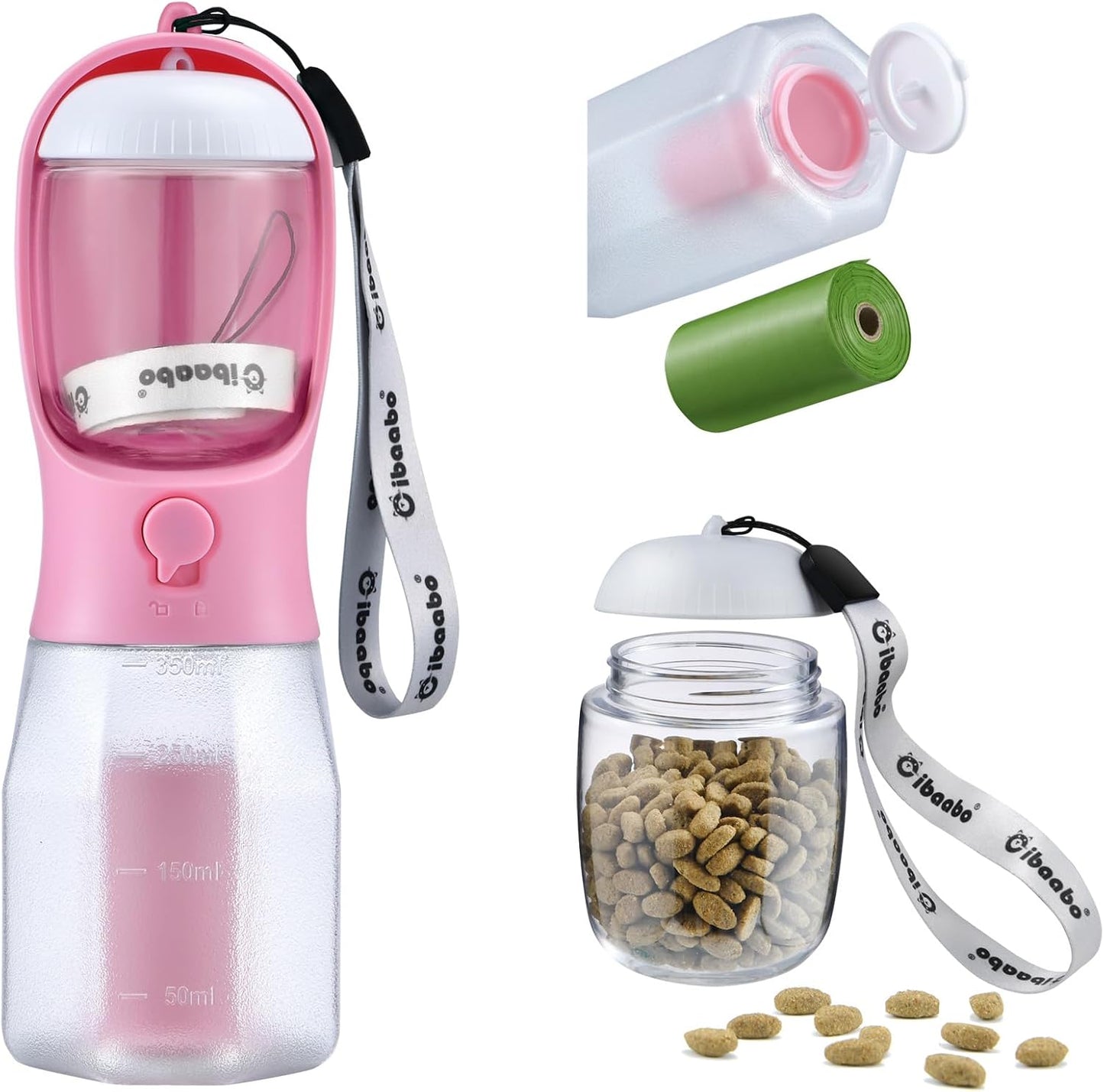 Dog Water Bottle with Food Container & Poop Bag Holder & Filter | Travel Water Bowl, Portable Pet Dispenser, Dog Gifts, Puppy Essentials for Walking Hiking