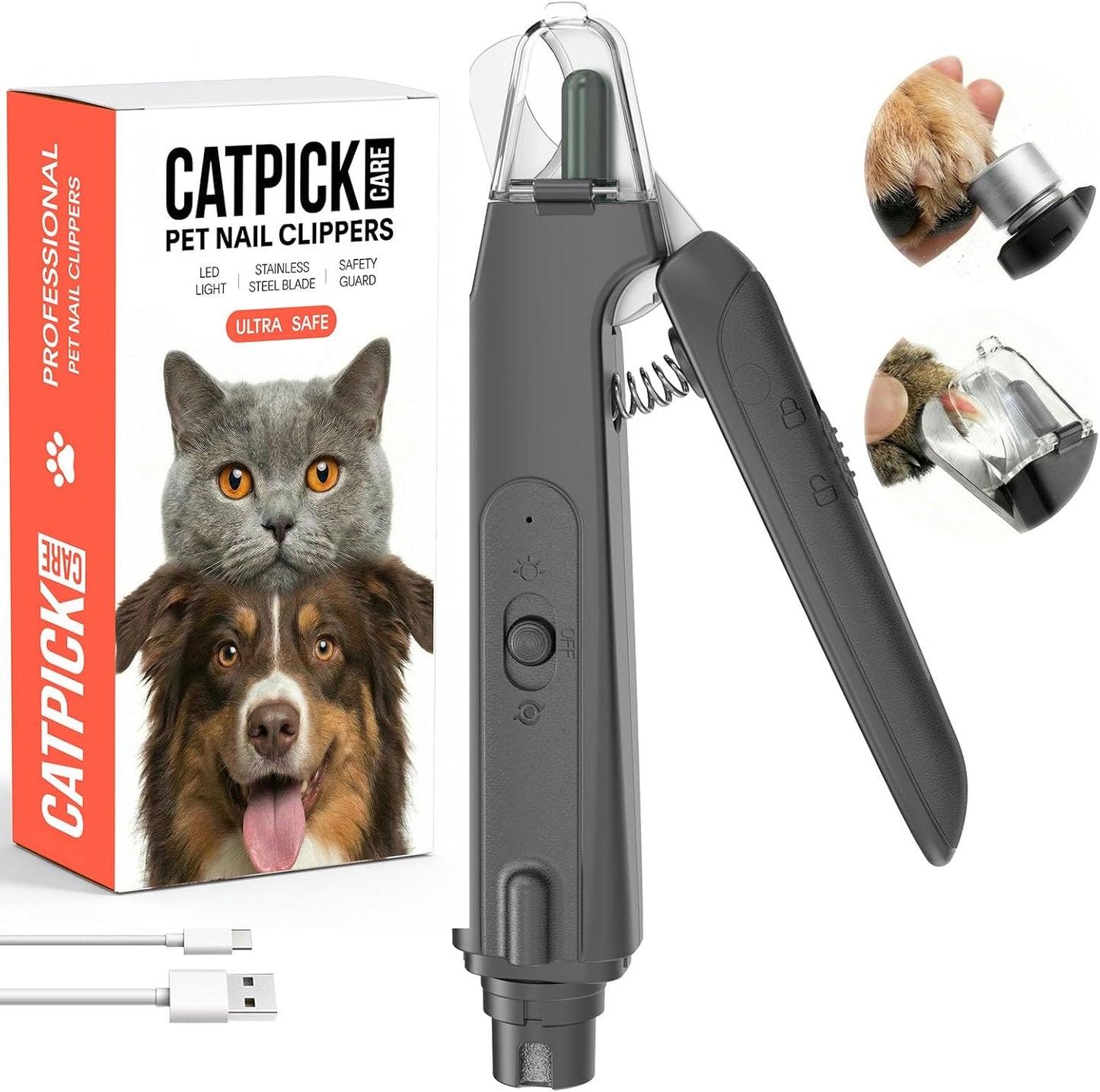 Zickiyo Pets - 2-In-1 Dog & Cat Nail Clipper with Grinder - Dual Highlight LED Reduce Over-Trimming, Long Battery Cordless USB-C Rechargeable, Safety Lock & Catcher Cap, Quiet Home Grooming for Small Large Pets
