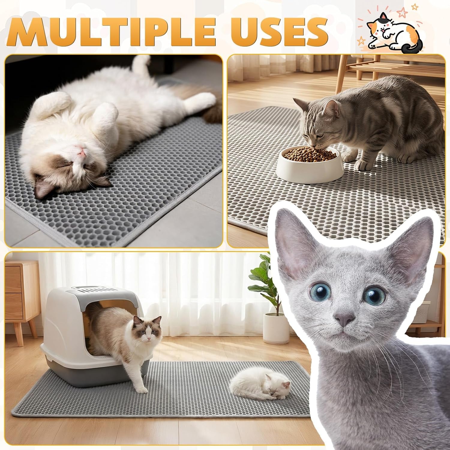 Cat Litter Mat 24"X15", Double Layer Waterproof Litterbox Mat, Gray | Non-Slip Backing, Washable for Easy Cleanup, Traps Stray Litter with Waterproof Honeycomb Large Grid That Is Urine-Proof.