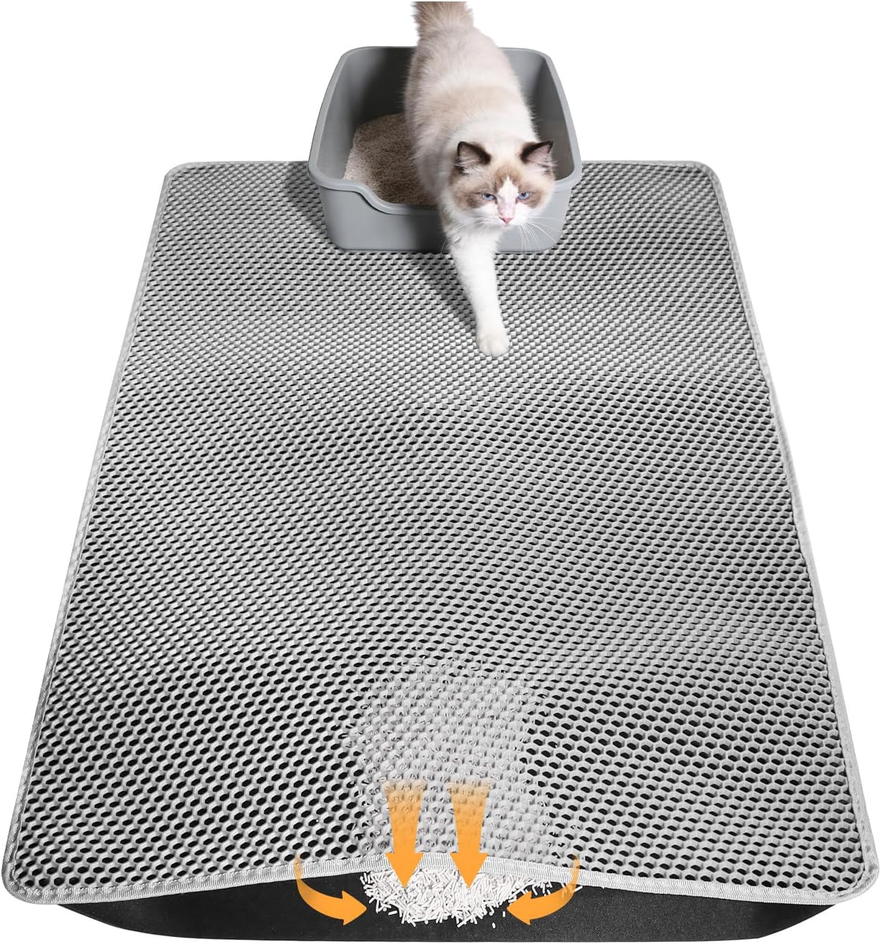 Cat Litter Mat 24"X15", Double Layer Waterproof Litterbox Mat, Gray | Non-Slip Backing, Washable for Easy Cleanup, Traps Stray Litter with Waterproof Honeycomb Large Grid That Is Urine-Proof.