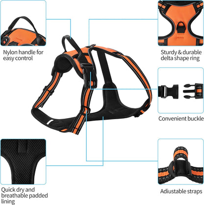 Orange No-Pull Dog Harness with 2 Leash Clips，Soft Padded Vest for Medium Dog, Adjustable Reflective Dog Vest Easy to Put on and Take Off, (Neck: 14"~20", Chest: 21"~27", Orange M)