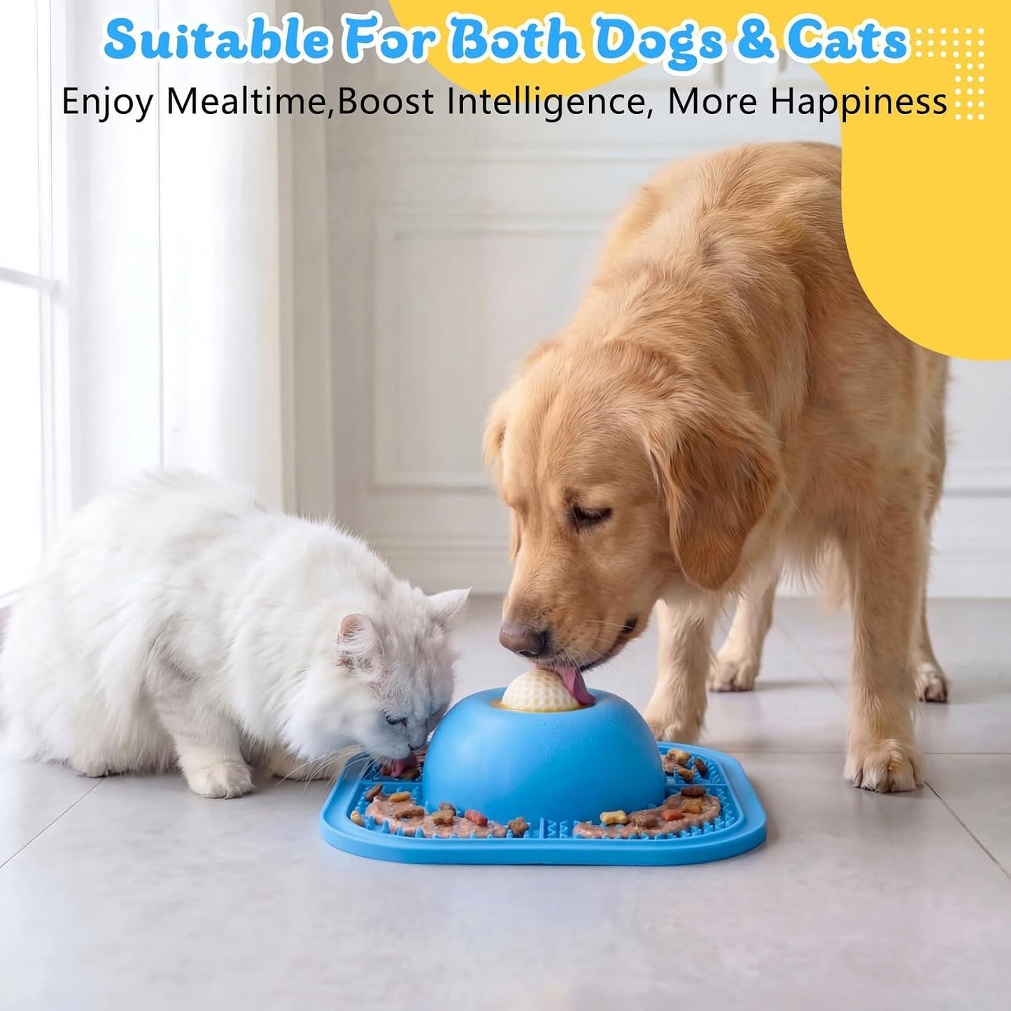 Zickiyo Pets - Slow Feeder Dog Bowls & Lick Mat for Liquid and Thick Treat, Anti-Slip Dog Lick Bowl with Interactive Rolling Ball, 5/6 Cup Pup Licking Toy for Large Medium Small Dogs and Cats Blue