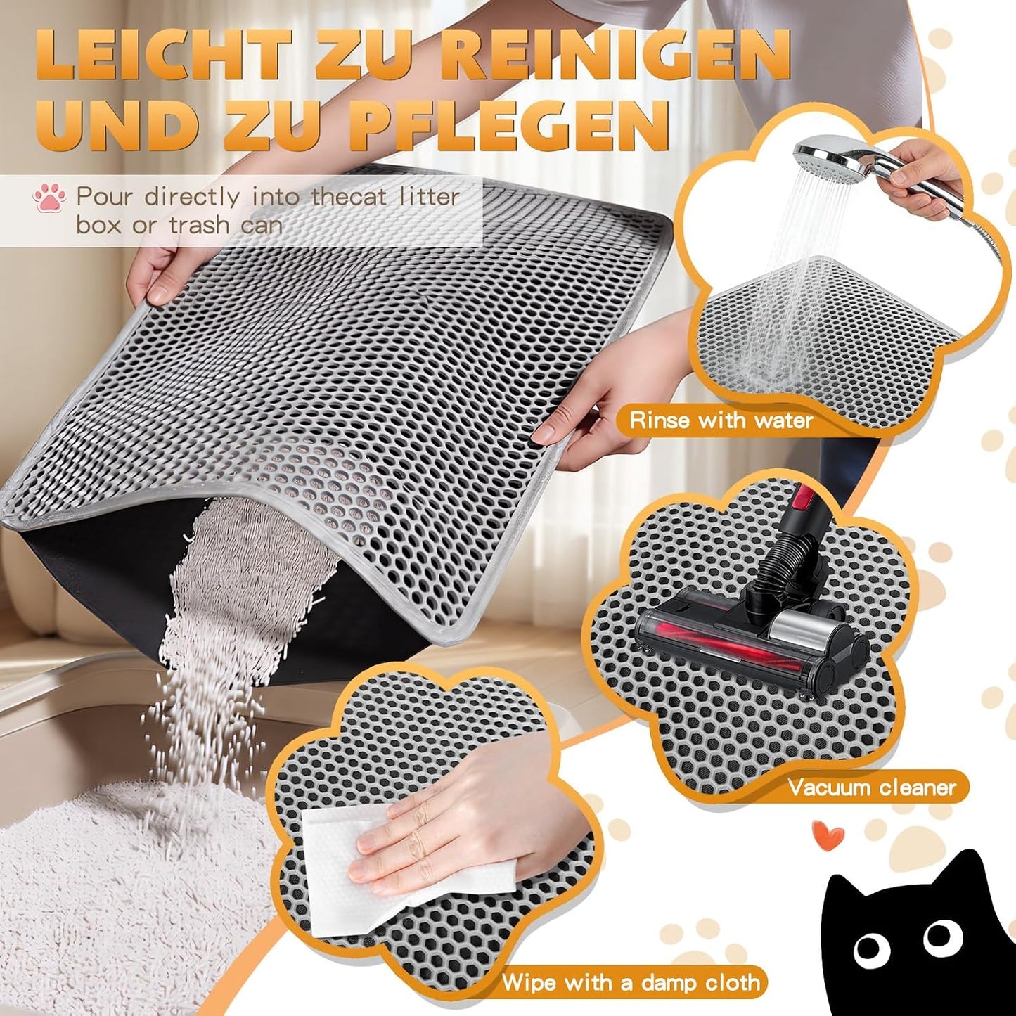 Cat Litter Mat 24"X15", Double Layer Waterproof Litterbox Mat, Gray | Non-Slip Backing, Washable for Easy Cleanup, Traps Stray Litter with Waterproof Honeycomb Large Grid That Is Urine-Proof.