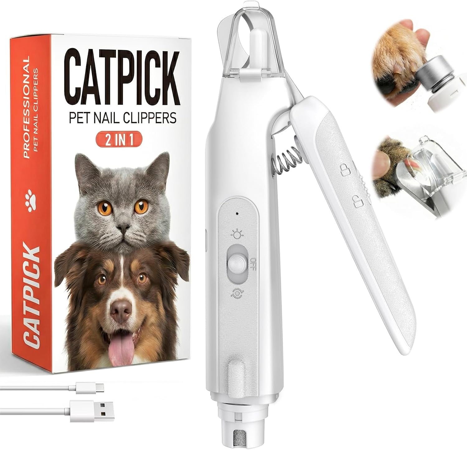 Zickiyo Pets - 2-In-1 Dog & Cat Nail Clipper with Grinder - Dual Highlight LED Reduce Over-Trimming, Long Battery Cordless USB-C Rechargeable, Safety Lock & Catcher Cap, Quiet Home Grooming for Small Large Pets
