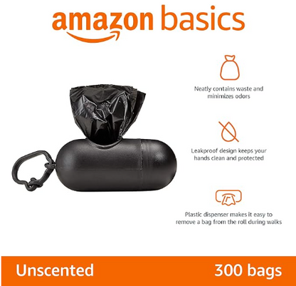 Dog Poop Leak Proof Bags with Dispenser and Leash Clip, Unscented, 13" X 9" Large Size, 300 Count