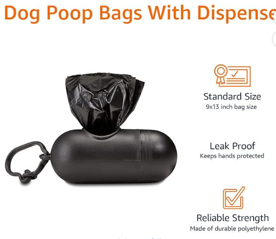 Dog Poop Leak Proof Bags with Dispenser and Leash Clip, Unscented, 13" X 9" Large Size, 300 Count