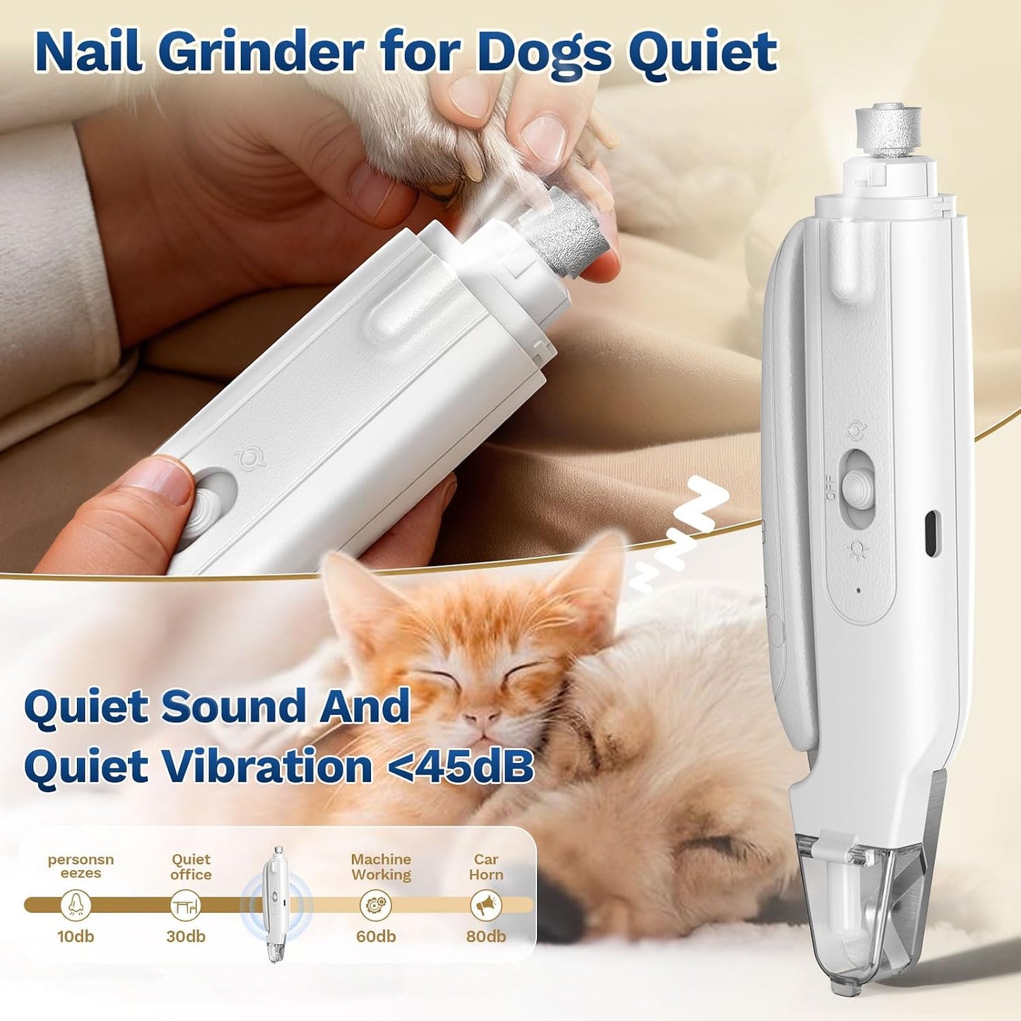 Zickiyo Pets - 2-In-1 Dog & Cat Nail Clipper with Grinder - Dual Highlight LED Reduce Over-Trimming, Long Battery Cordless USB-C Rechargeable, Safety Lock & Catcher Cap, Quiet Home Grooming for Small Large Pets