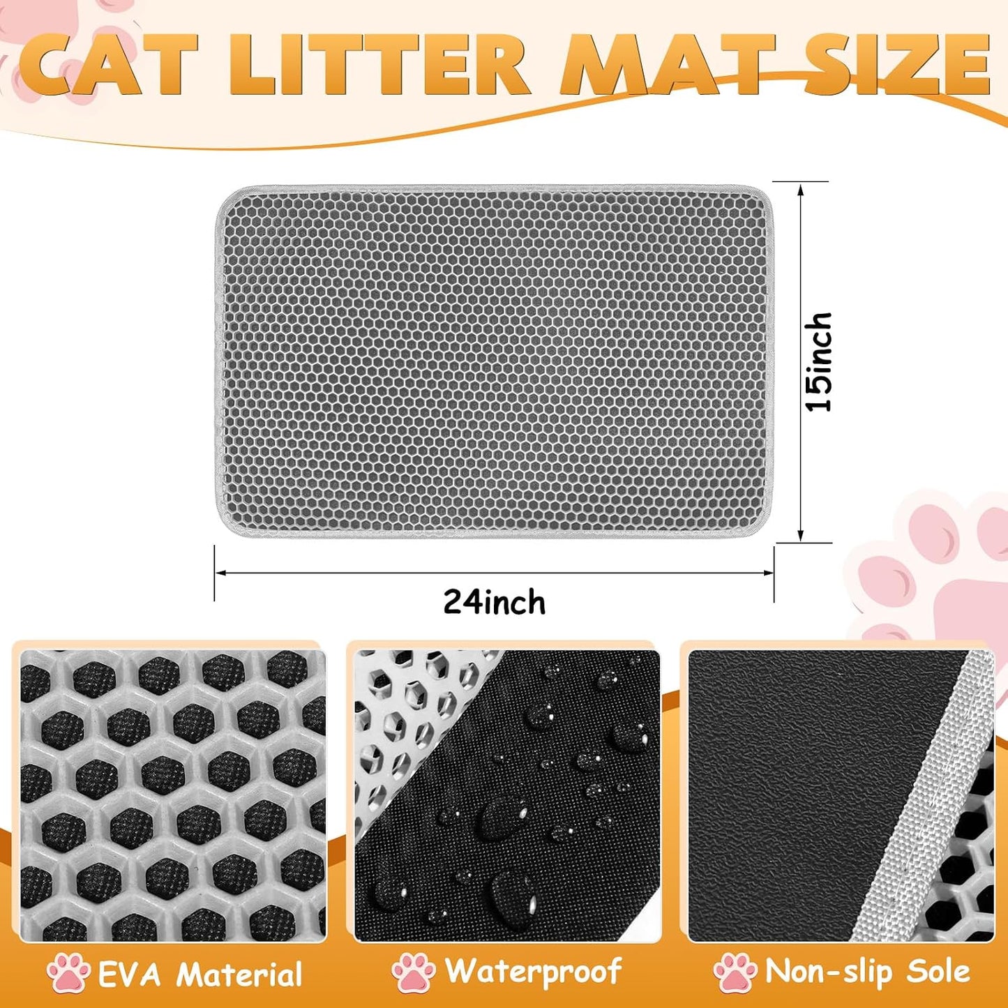 Cat Litter Mat 24"X15", Double Layer Waterproof Litterbox Mat, Gray | Non-Slip Backing, Washable for Easy Cleanup, Traps Stray Litter with Waterproof Honeycomb Large Grid That Is Urine-Proof.