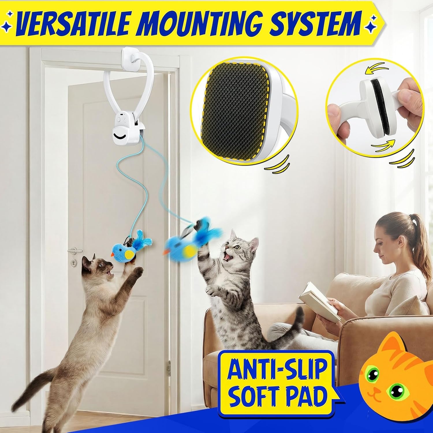 Zickiyo Pets Interactive Hanging Cat Toy - Automatic Flying Bird & Mouse Doorway Toy, USB Rechargeable Electric Kitten Toy