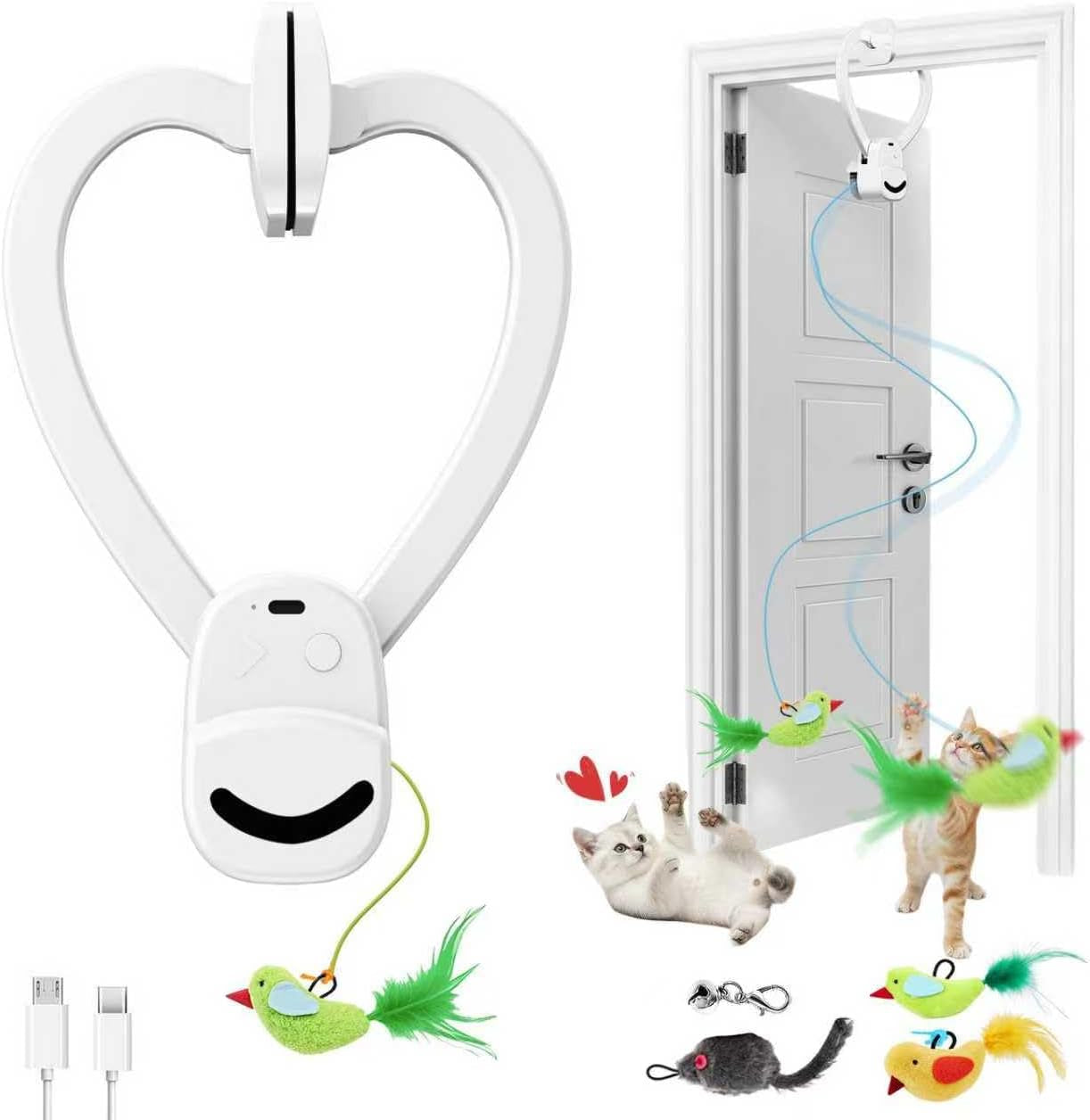 Zickiyo Pets Interactive Hanging Cat Toy - Automatic Flying Bird & Mouse Doorway Toy, USB Rechargeable Electric Kitten Toy