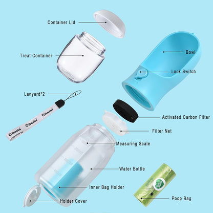 Dog Water Bottle with Food Container & Poop Bag Holder & Filter | Travel Water Bowl, Portable Pet Dispenser, Dog Gifts, Puppy Essentials for Walking Hiking