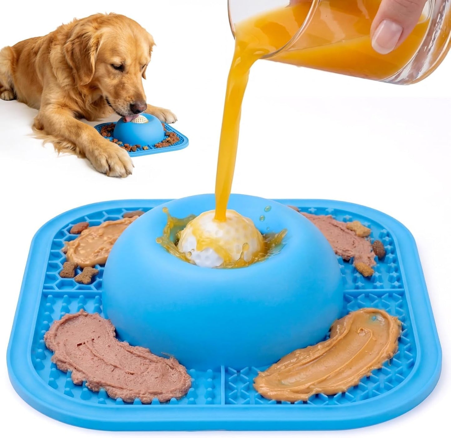 Zickiyo Pets - Slow Feeder Dog Bowls & Lick Mat for Liquid and Thick Treat, Anti-Slip Dog Lick Bowl with Interactive Rolling Ball, 5/6 Cup Pup Licking Toy for Large Medium Small Dogs and Cats Blue