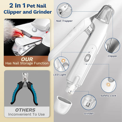 Zickiyo Pets - 2-In-1 Dog & Cat Nail Clipper with Grinder - Dual Highlight LED Reduce Over-Trimming, Long Battery Cordless USB-C Rechargeable, Safety Lock & Catcher Cap, Quiet Home Grooming for Small Large Pets
